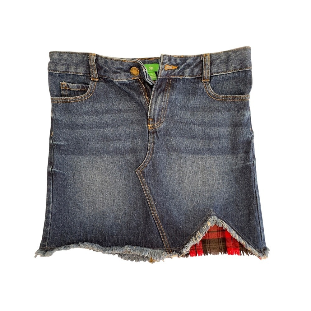 Dip Denim Mini Skirt Blue Plaid Trim Raw Hem Grunge Punk Edgy Size 16